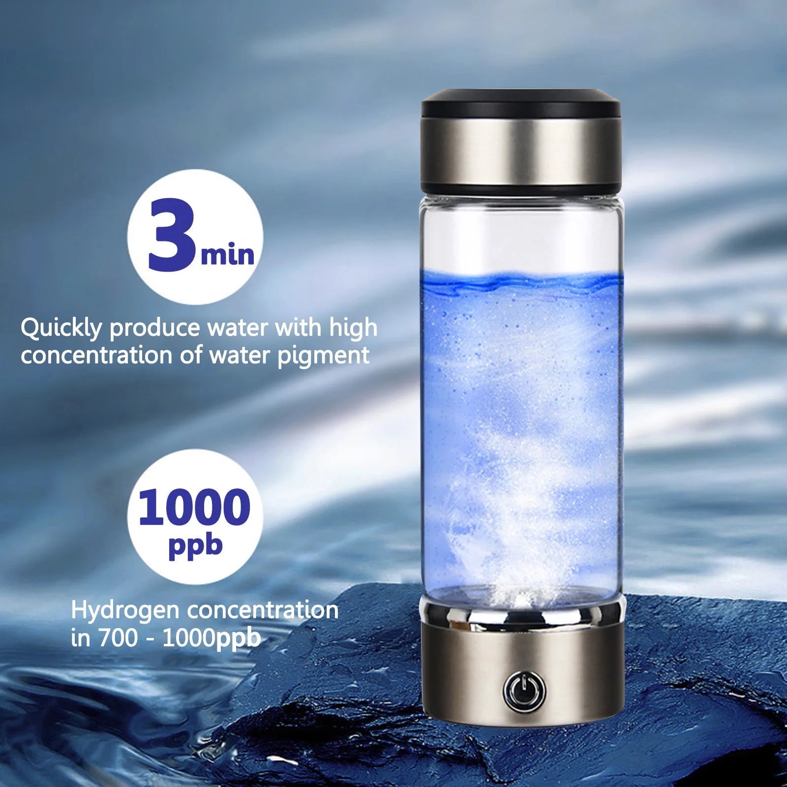 Rich Hydrogen Cup, USB Rechargeable Hydrogen Water Bottle, Portable Glass Bottles Weak Alkaline Cup Anti-Oxidation and Anti-Aging Glass Health Cup, Micro Electrolysis Hydrogen Production Cup