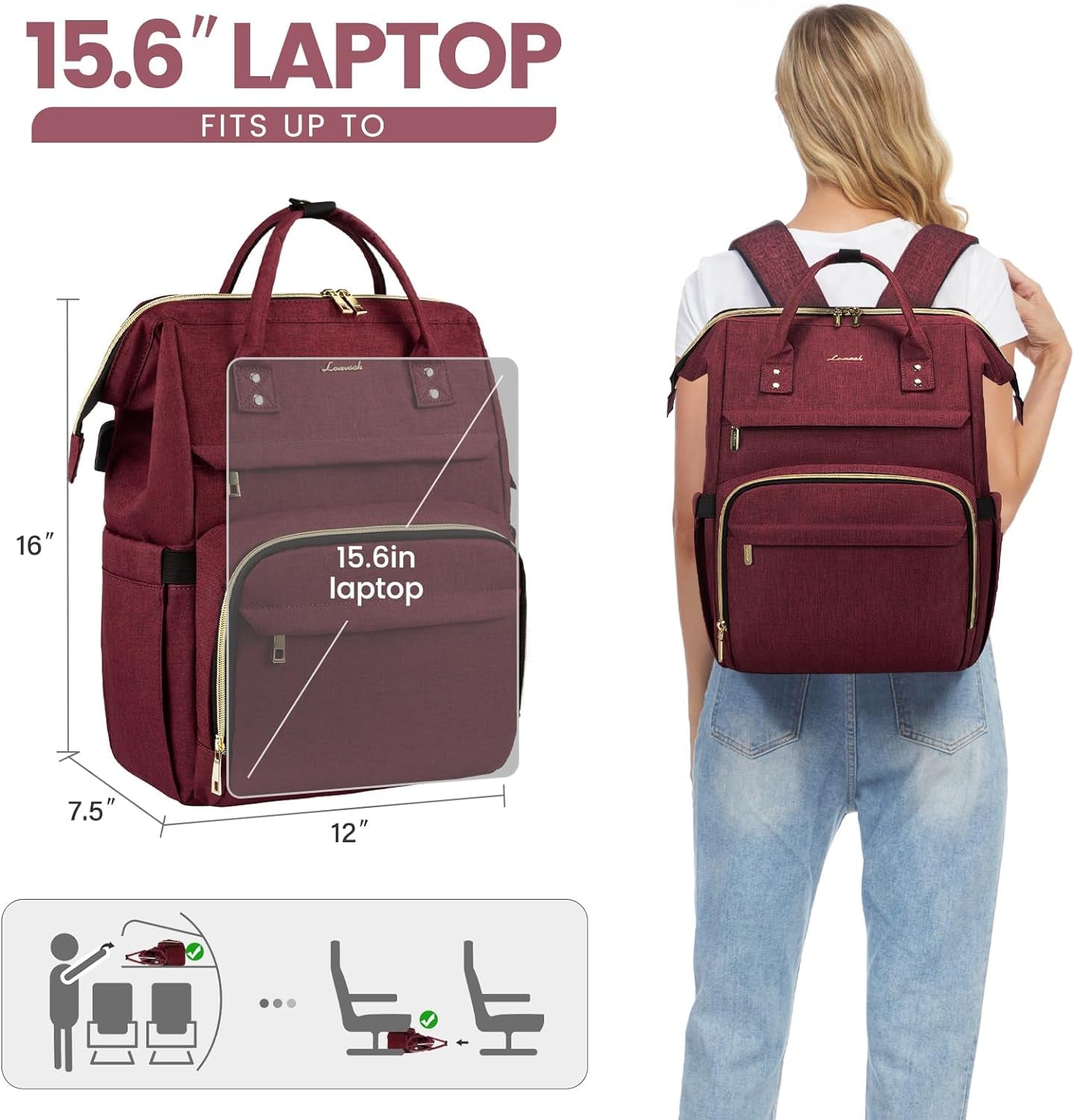 Laptop Backpack for Women,15.6 Inch Professional Womens Travel Backpack Purse Computer Laptop Bag Nurse Teacher Backpack,Waterproof College Work Bags Carry on Back Pack with USB Port,Wine Red