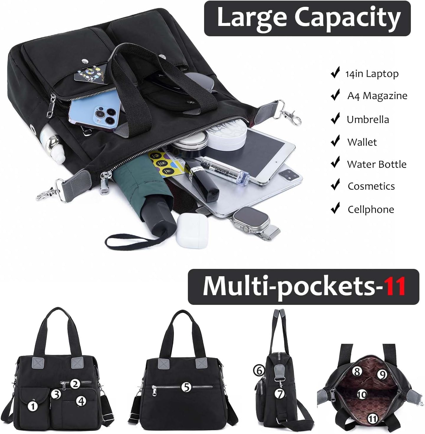 Women Utility Tote Bag Teacher Purses and Handbags for Nurse Waterproof Nylon Multi Pocket Shoulder Bag Work Tote Bag