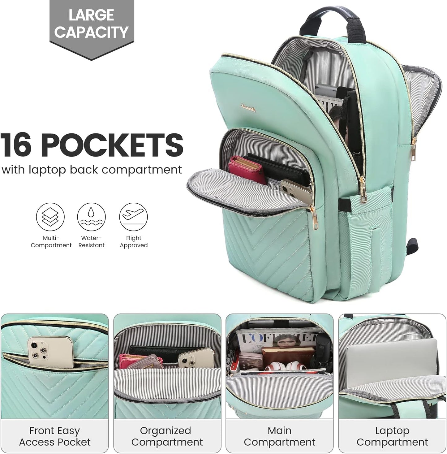 Laptop Backpack for Women 15.6 Inch,Cute Womens Travel Backpack Purse,Professional Laptop Computer Bag,Waterproof Work Business College Teacher Bags Carry on Backpack with USB Port,Mint Green