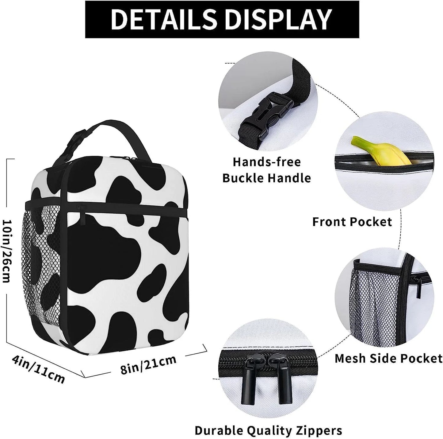 Cow Spot Printed Insulated Lunch Bag Women,Reusable Lunch Tote Bags,Portable Lunch Box Bag for Work