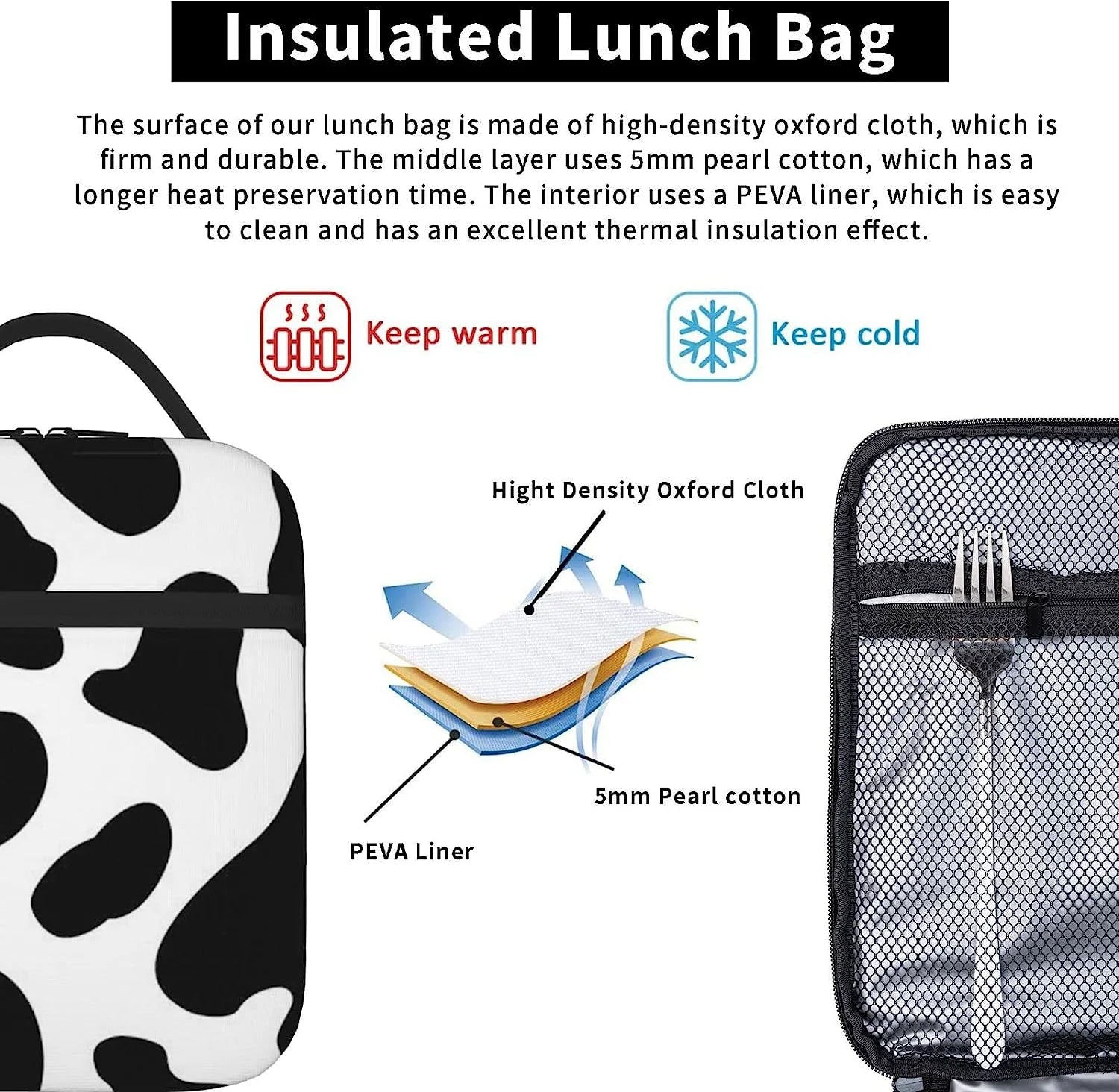 Cow Spot Printed Insulated Lunch Bag Women,Reusable Lunch Tote Bags,Portable Lunch Box Bag for Work