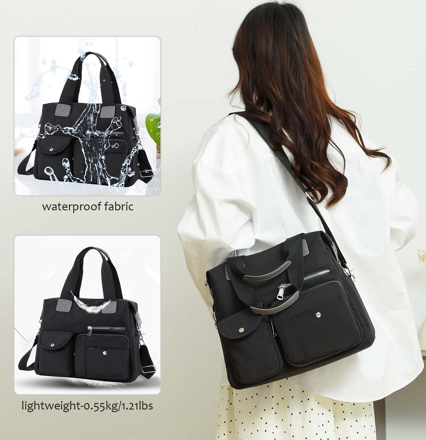 Women Utility Tote Bag Teacher Purses and Handbags for Nurse Waterproof Nylon Multi Pocket Shoulder Bag Work Tote Bag