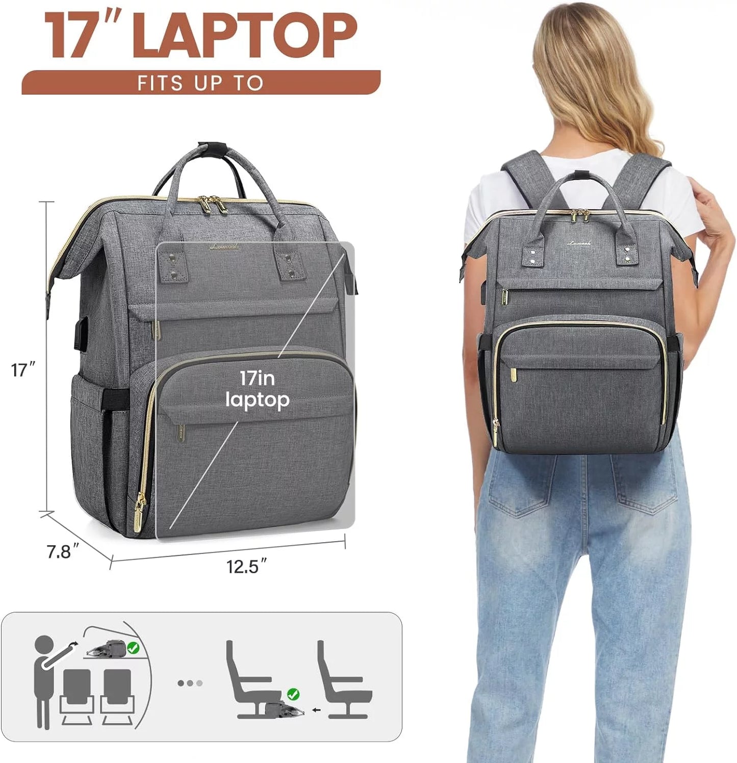 Laptop Backpack Women,17"Teacher Backpack Nurse Bags Bookbag,Work Backpack Purse Travel Back Pack-Grey