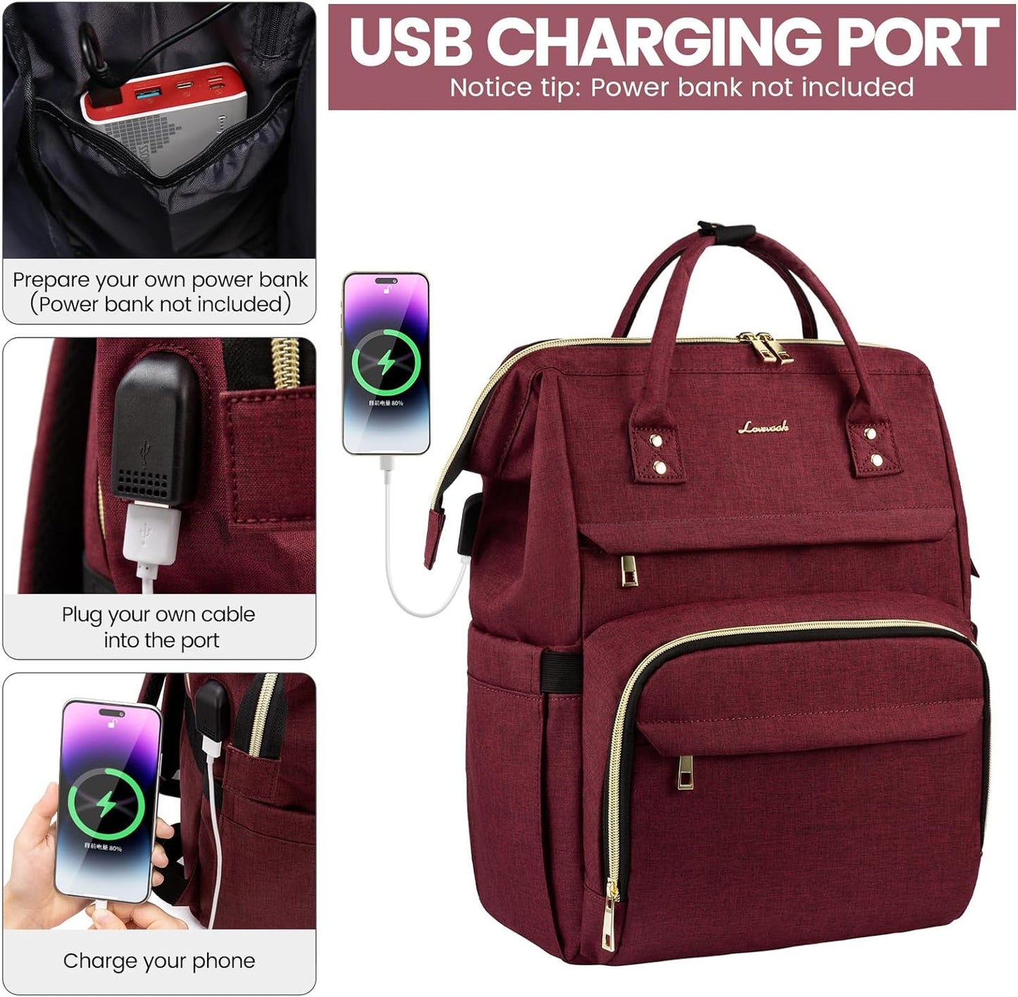 Laptop Backpack for Women,15.6 Inch Professional Womens Travel Backpack Purse Computer Laptop Bag Nurse Teacher Backpack,Waterproof College Work Bags Carry on Back Pack with USB Port,Wine Red