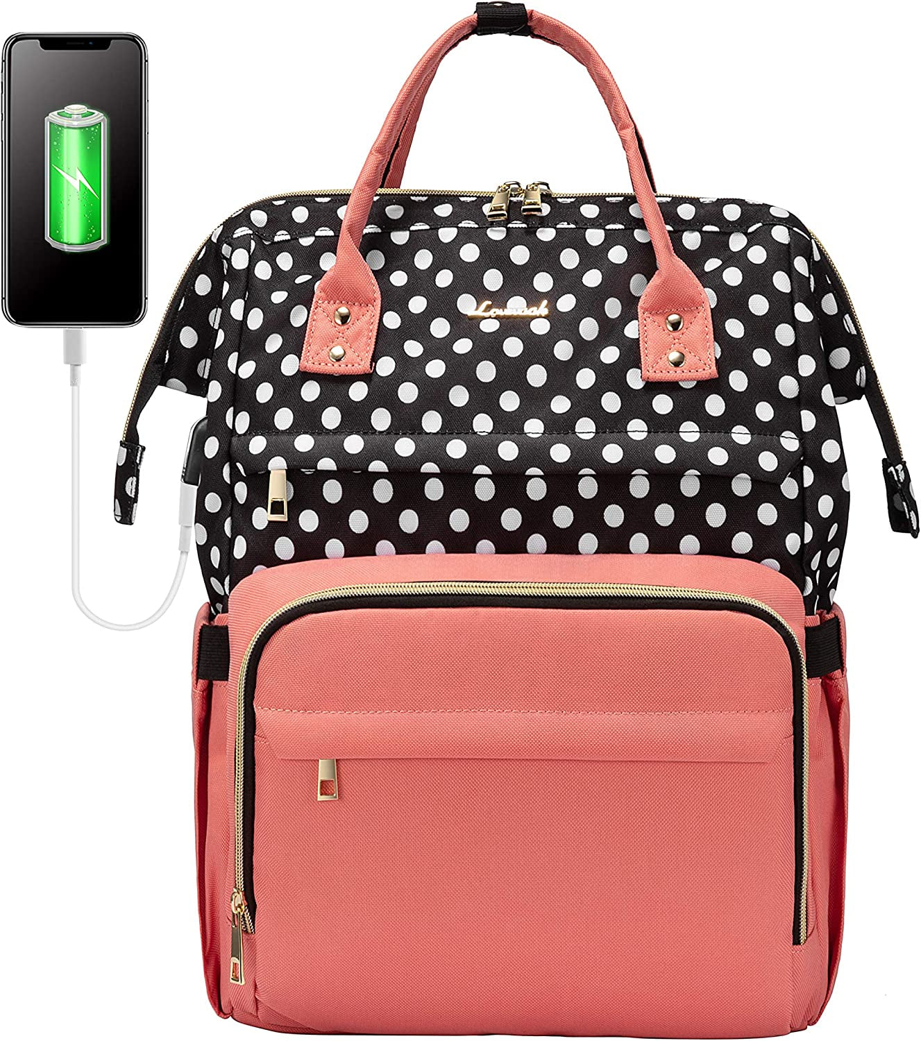 Laptop Backpack for Women Work Laptop Bag Stylish Teacher Backpack Business Computer Bags College Laptop Rucksack, Polka-Pink