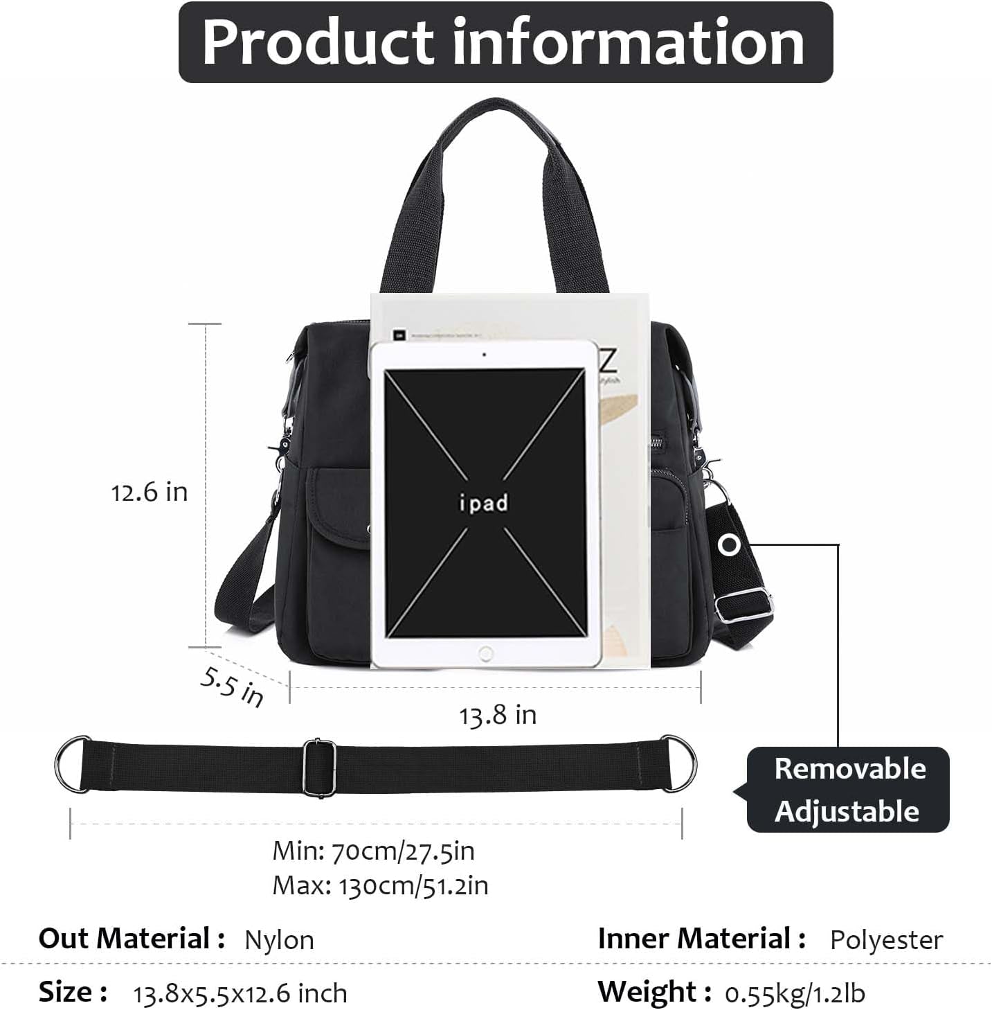 Women Utility Tote Bag Teacher Purses and Handbags for Nurse Waterproof Nylon Multi Pocket Shoulder Bag Work Tote Bag