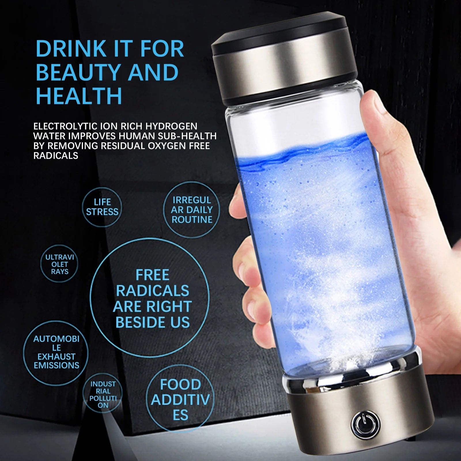 Rich Hydrogen Cup, USB Rechargeable Hydrogen Water Bottle, Portable Glass Bottles Weak Alkaline Cup Anti-Oxidation and Anti-Aging Glass Health Cup, Micro Electrolysis Hydrogen Production Cup