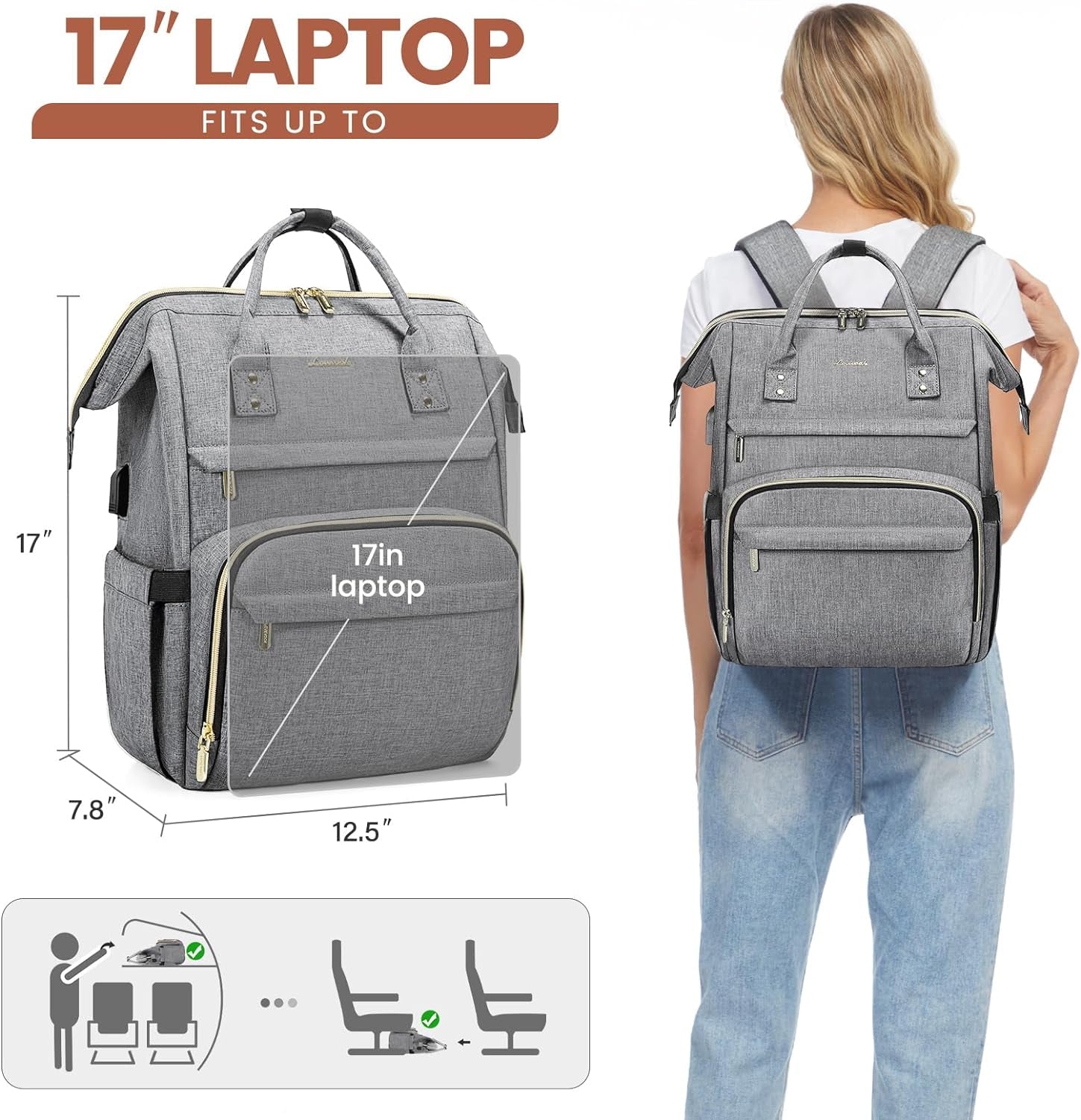 Laptop Backpack for Women,17 Inch Professional Womens Travel Backpack Purse Computer Laptop Bag Nurse Teacher Backpack,Waterproof College Work Bags Carry on Back Pack with USB Port,Grey